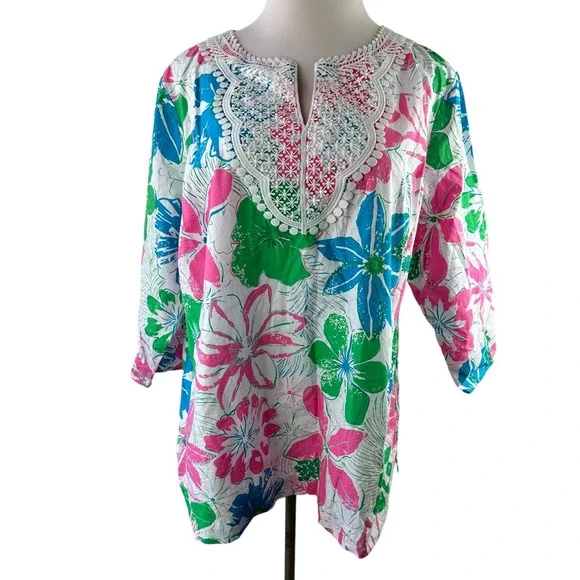 Talbots Lace Bib Tunic - Anguilla Floral Popover Split Neck Top Plus Size 3X - Picture 6 of 11